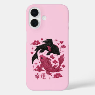 Lucky Koi Yin-Yang Embroidery | Black & Pink Aesth iPhone 16 Case