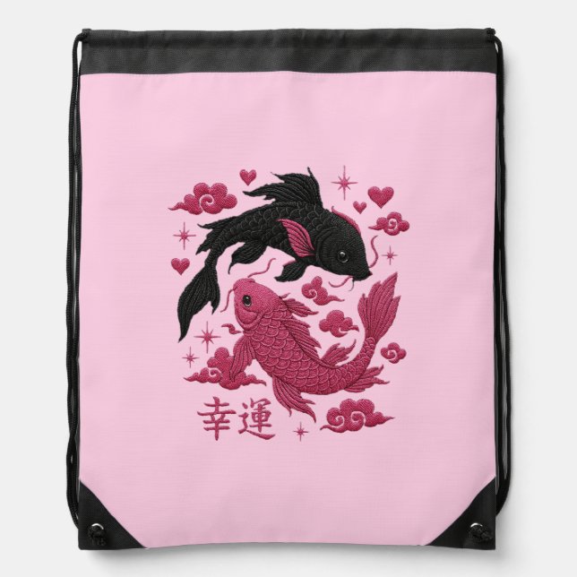 Lucky Koi Yin-Yang Embroidery | Black & Pink Aesth Drawstring Bag (Front)
