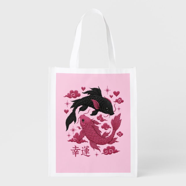 Lucky Koi Yin-Yang Embroidery | Black & Pink Aesth Grocery Bag (Front)