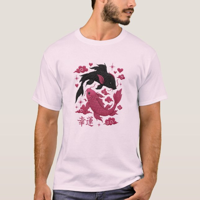 Lucky Koi Yin-Yang Embroidery | Black & Pink Aesth T-Shirt (Front)