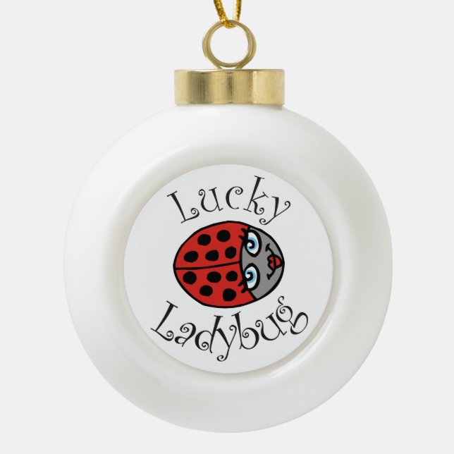 Lucky Ladybug in Red Ceramic Ball Christmas Ornament (Front)