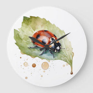 Lucky Ladybug on Leaf Large Clock