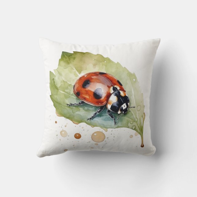 Lucky Ladybug on Leaf Throw Pillow (Back)