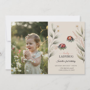 Lucky Ladybug Photo Floral Girl 1st Birthday Invitation