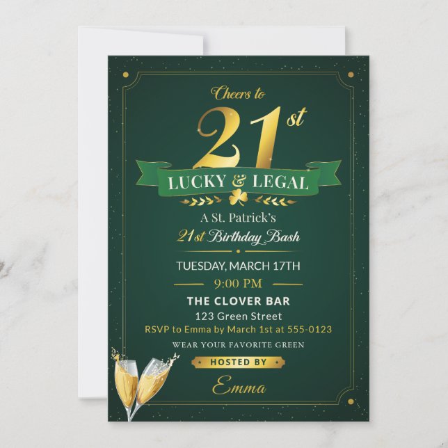Lucky & Legal 21st Birthday Green & Gold Glitter Invitation (Front)