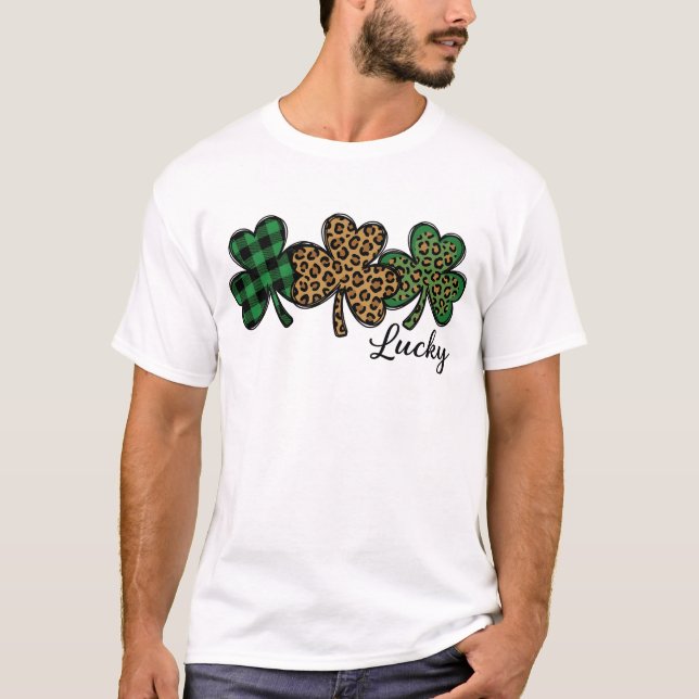 Lucky Leopard Plaid Shamrock St Patricks Day T-Shirt (Front)