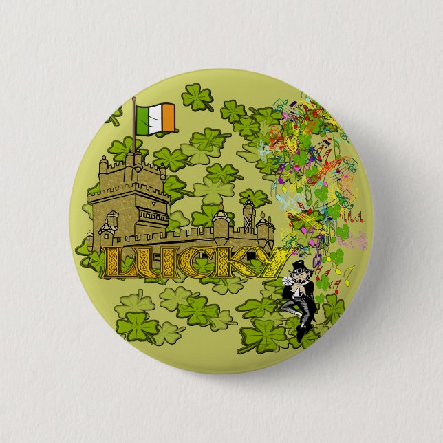 Lucky Leprechaun and His Irish Castle Button (Front)