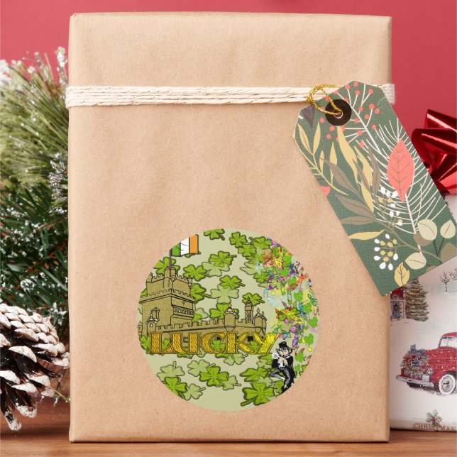 Lucky Leprechaun and His Irish Castle Classic Round Sticker (Holiday)