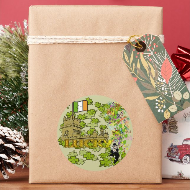 Lucky Leprechaun and His Irish Castle Classic Round Sticker (Holiday)