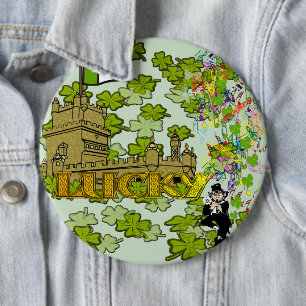 Lucky Leprechaun and His Irish Castle Pinback Button
