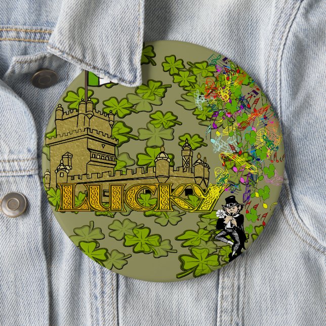 Lucky Leprechaun and His Irish Castle Pinback Button (In Situ)