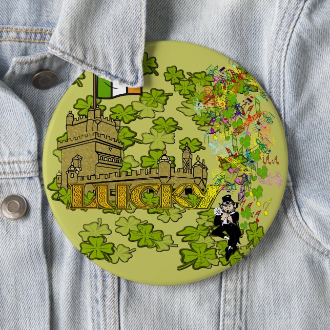 Lucky Leprechaun and His Irish Castle Pinback Button (In Situ)