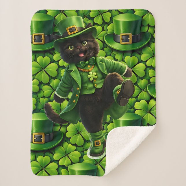 Lucky leprechaun black cat Saint Patrick's Day Pat Sherpa Blanket (Front)