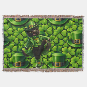 Lucky leprechaun black cat Saint Patrick's Day Pat Throw Blanket