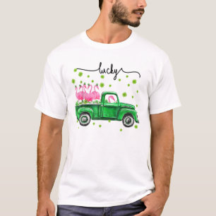 Lucky Leprechaun Flamingos Driving Truck St Patric T-Shirt