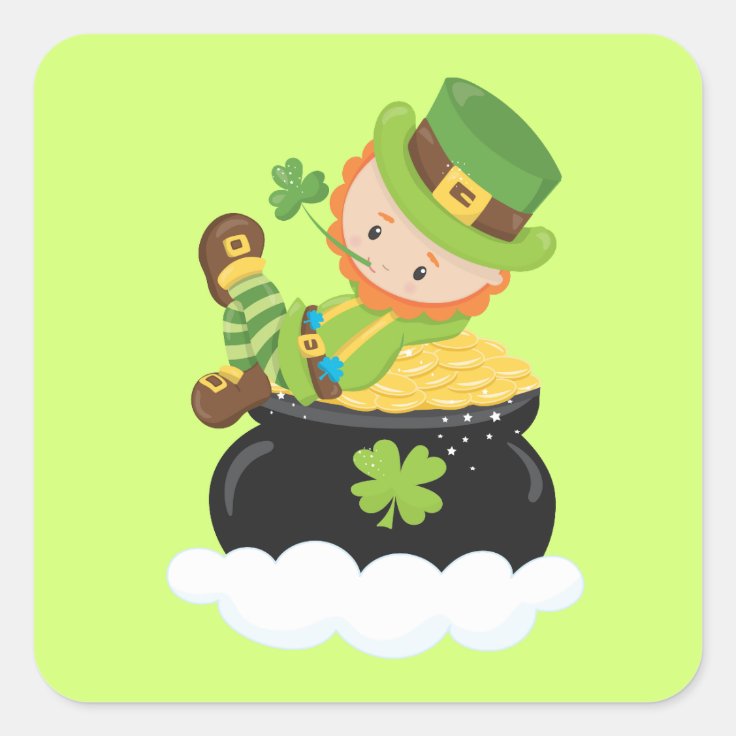 Lucky Leprechaun on a pot of gold Square Sticker | Zazzle