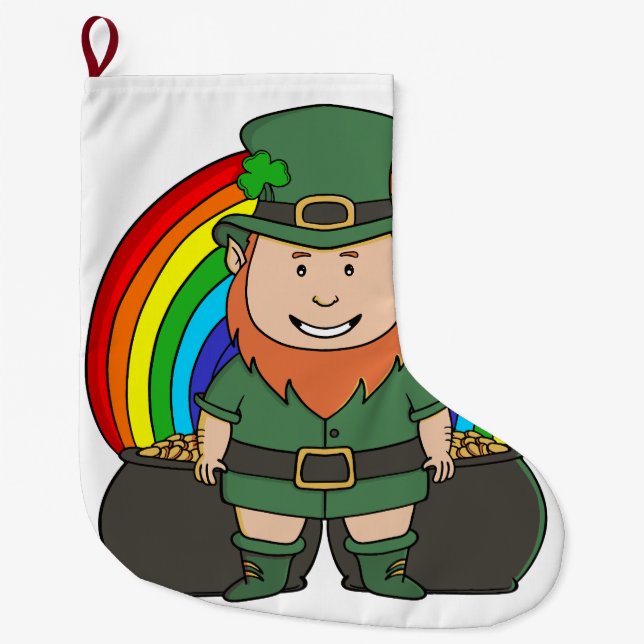 Lucky Leprechaun with Rainbow Pot of Gold Large Christmas Stocking (Front)