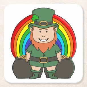 Lucky Leprechaun with Rainbow Pot of Gold Square Paper Coaster