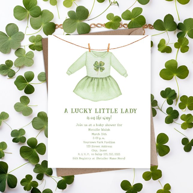 Lucky Little Lady St Patrick's Clover Baby Shower Invitation (Creator Uploaded)
