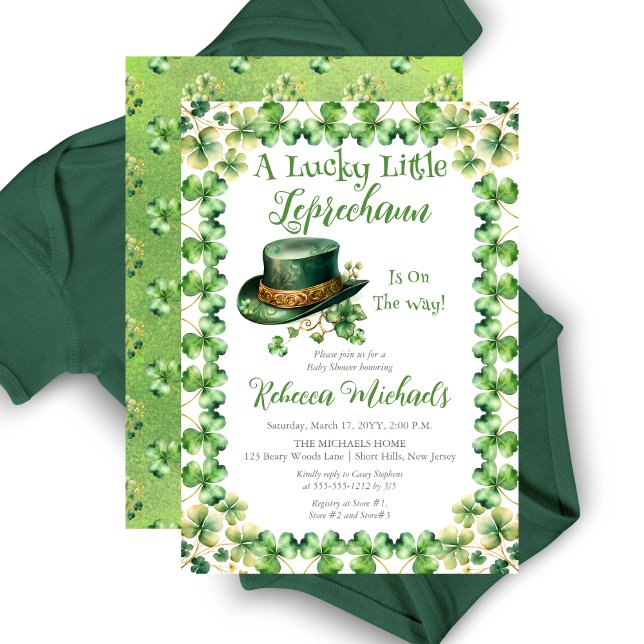 Lucky Little Leprechaun St. Patrick's Baby Shower Invitation ("A Lucky Little Leprechaun" St. Patrick's Day-Themed Baby Shower Invitation - Leprechaun's Hat)