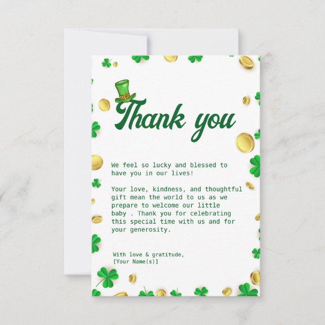 Lucky Little One – St. Patrick’s Day Baby Shower  Thank You Card (Front)