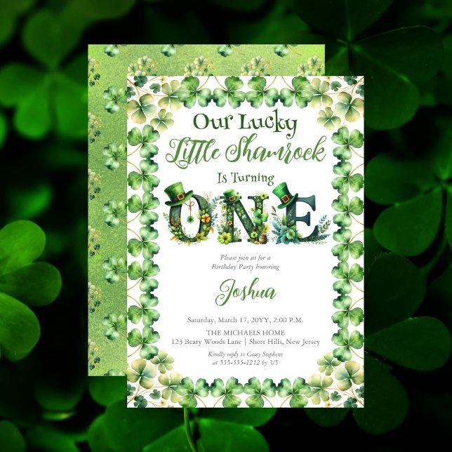 Lucky Little Shamrock 1st Birthday Party Invitation ("Our Lucky Little Shamrock" St. Patrick's Day-Themed "ONE" 1st Birthday Party Invitation )