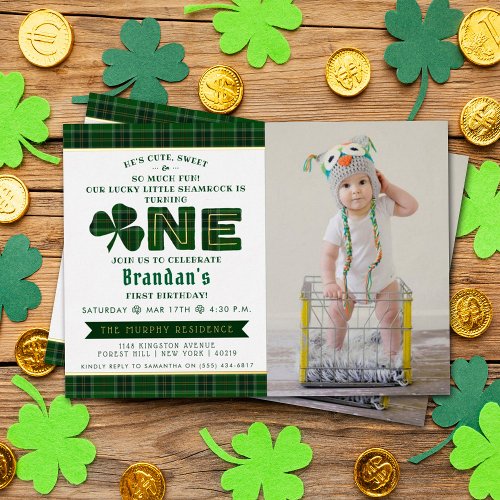 Lucky Little Shamrock 1st Birthday Photo Real Foil Invitation