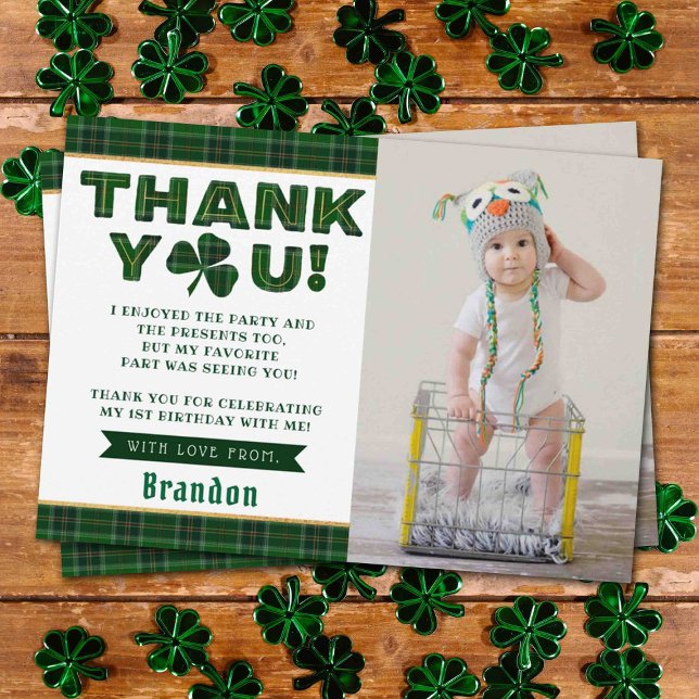 Lucky Little Shamrock 1st Birthday Photo Thank You Card (Creator Uploaded)