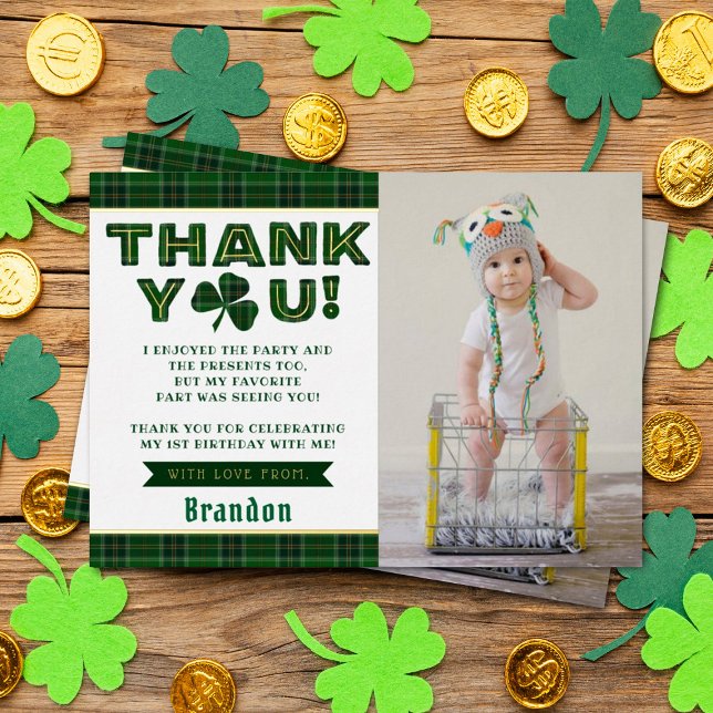 Lucky Little Shamrock 1st Birthday Photo Thank You Foil Invitation (Creator Uploaded)
