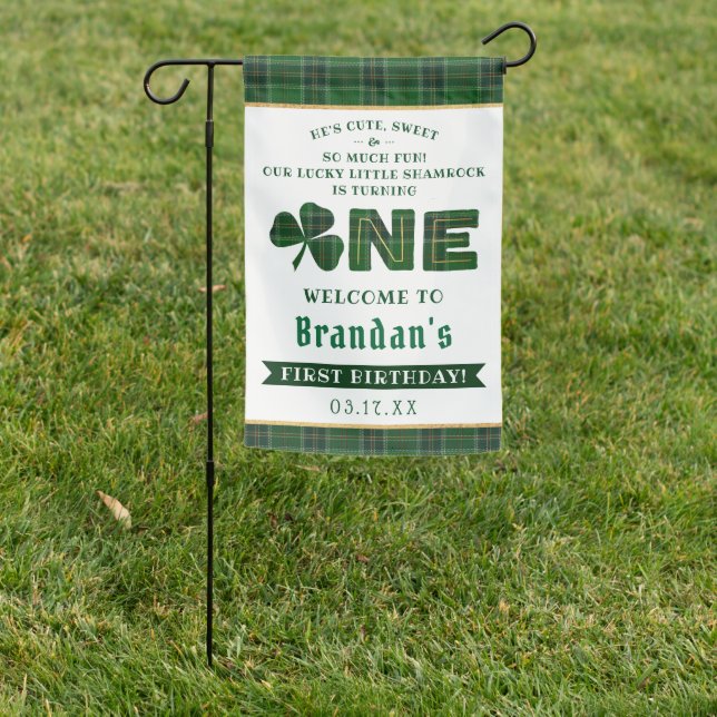 Lucky Little Shamrock 1st Birthday Welcome Garden Flag (In SItu)
