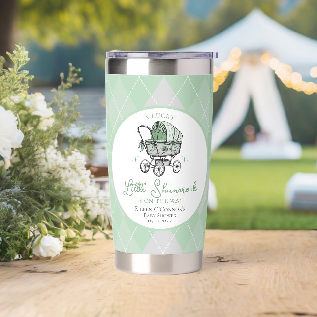 Lucky Little Shamrock Argyle Baby Shower Insulated Tumbler (Wedding)
