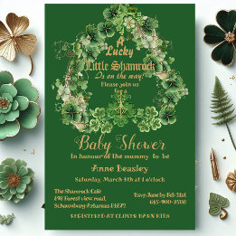 Lucky Little Shamrock Green Gold Leaf Baby Shower Invitation