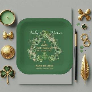 Lucky Little Shamrock Green Gold Leaf Baby Shower Paper Plates