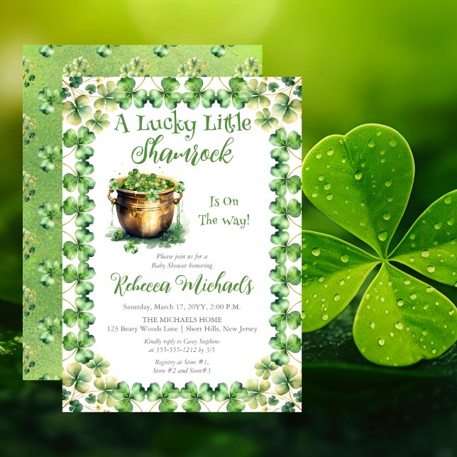 Lucky Little Shamrock St. Patrick's Baby Shower Invitation ("A Lucky Little Shamrock" St. Patrick's Day-Themed Baby Shower Invite - Gold Pot Filled with Clover)