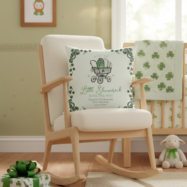 Lucky Little Thank You St Patricks Day Baby Shower Throw Pillow (A Little Shamrock is on Way Throw Pillow for St. Patrick's Day Baby Shower. Vintage Baby Carriage)