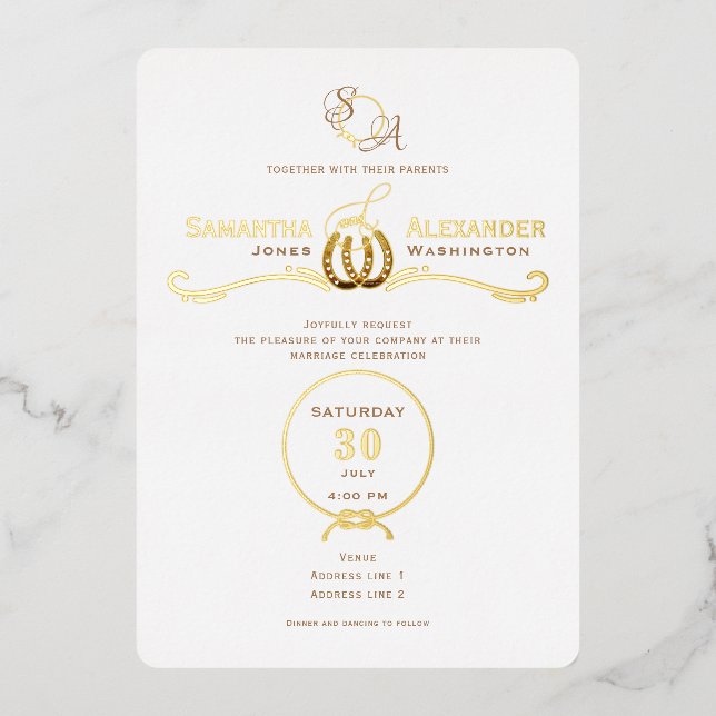 Lucky Love Western Rustic Barn Horseshoes Wedding Foil Invitation (Front)