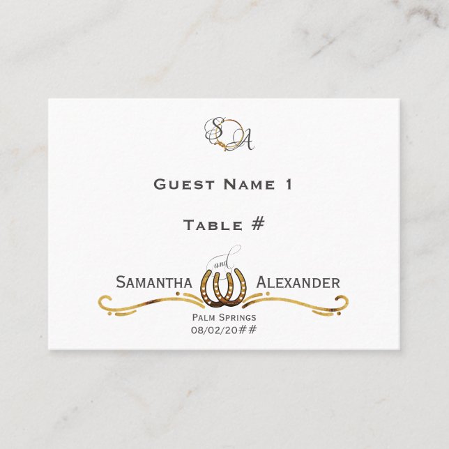 Lucky Love Western Rustic Barn Horseshoes Wedding Place Card (Front)