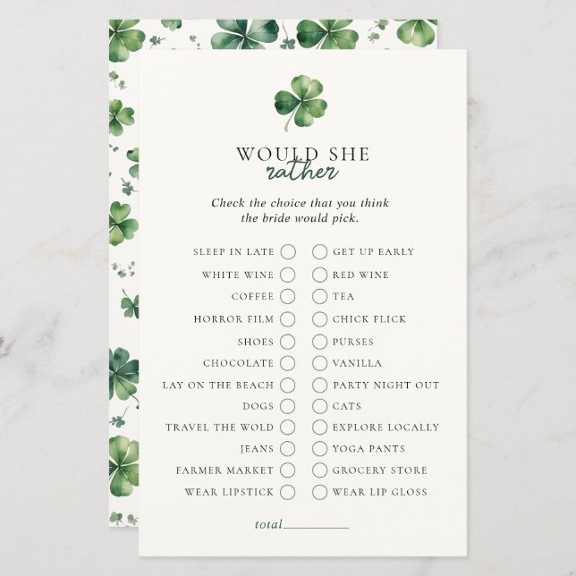 Lucky Love Would She Rather Bridal Shower Game (Front/Back)