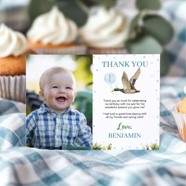 Lucky Mallard Duck Boy Birthday Photo Thank You Card (Creator Uploaded)