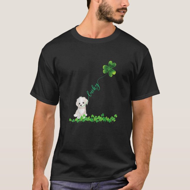 Lucky Maltese Dog Shamrock St Patrick Day T-Shirt (Front)