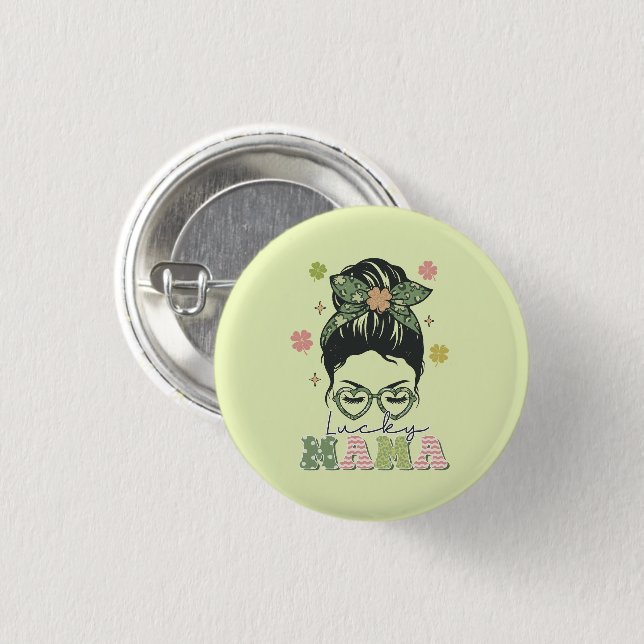 Lucky Mama - Messy Bun - Clover St. Patrick’s Button (Front & Back)