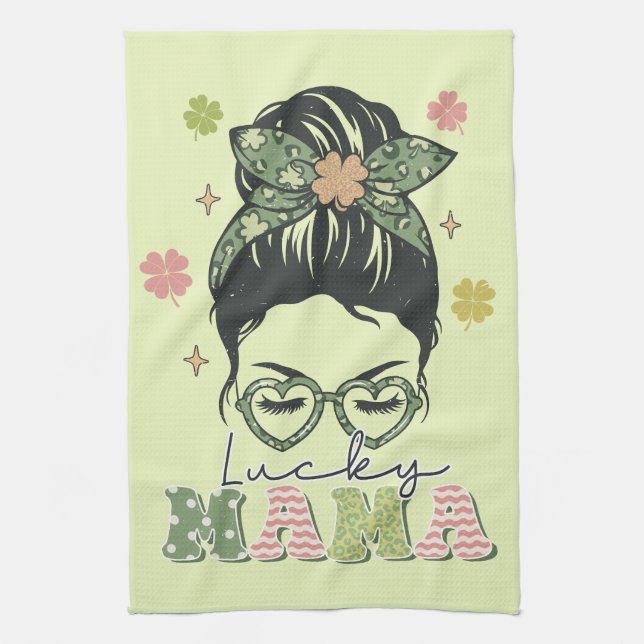 Lucky Mama - Messy Bun - Clover St. Patrick’s Kitchen Towel (Vertical)