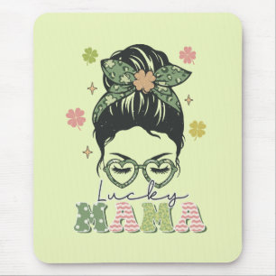 Lucky Mama - Messy Bun - Clover St. Patrick’s Mouse Pad