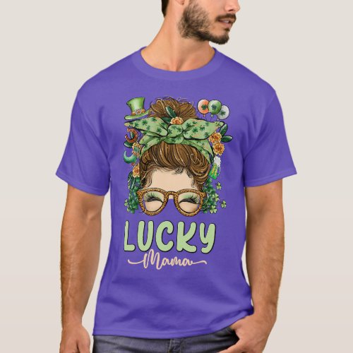 Lucky Mama St Patricks Day 2024 Mom Messy Bun Iris T_Shirt