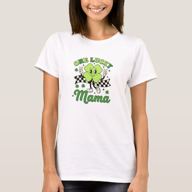 Lucky Mama Vintage Smiley Shamrock Art T-Shirt (Front)