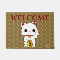 Lucky Maneki-neko Cat custom monogram welcome Doormat