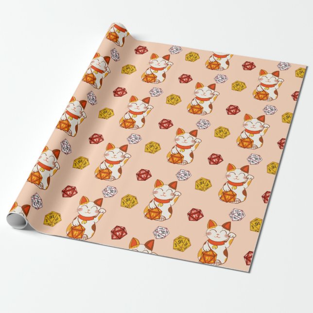 Lucky Maneki-neko Gamer Pattern with D20 Dice (red Wrapping Paper (Unrolled)
