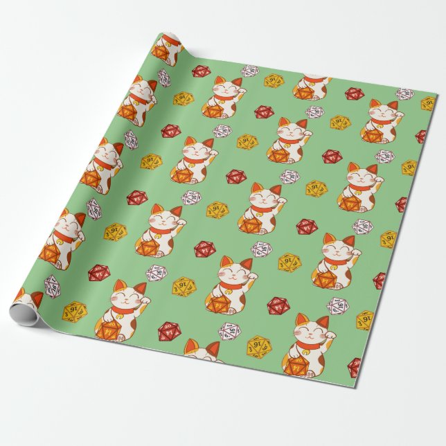 Lucky Maneki-neko Gamer Pattern with D20 Dice Wrapping Paper (Unrolled)