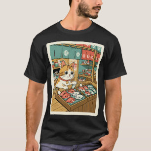 Lucky Market Cat Watching Fresh Fish at a Cozy Sea T-Shirt
