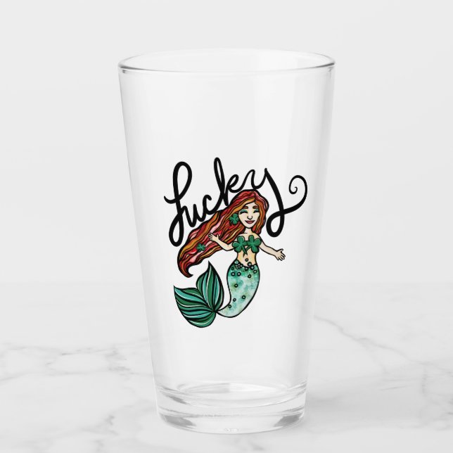 Lucky Mermaid Shamrock Redhead Irish Mermaids Glass (Front)